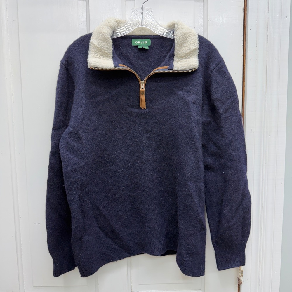 Orvis Stowe mens Large Navy 100% Lambswool 1/4 Zip Sweater Sherpa Collar Trim